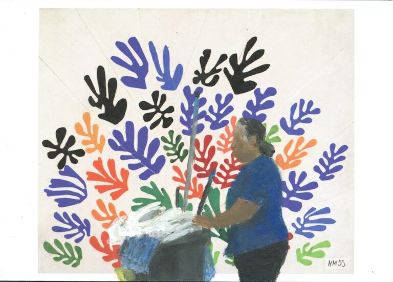 A person with brown skin pushes a cleaning cart in front of a colorful painting by Henri Matisse.