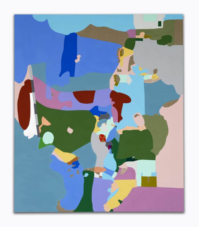 Large abstract painting comprising colorful, irregular shapes flatly applied in many shades of blue, green, pink, metallics, and other hues
