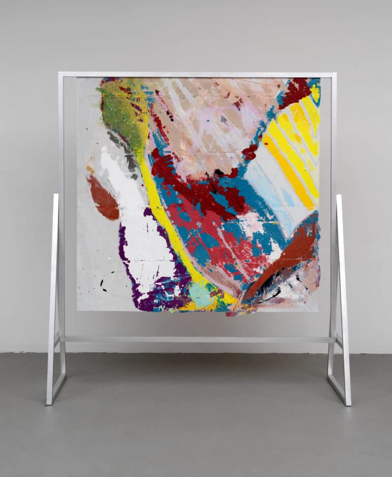 Gestural abstract painting suspended from free-standing aluminum frame