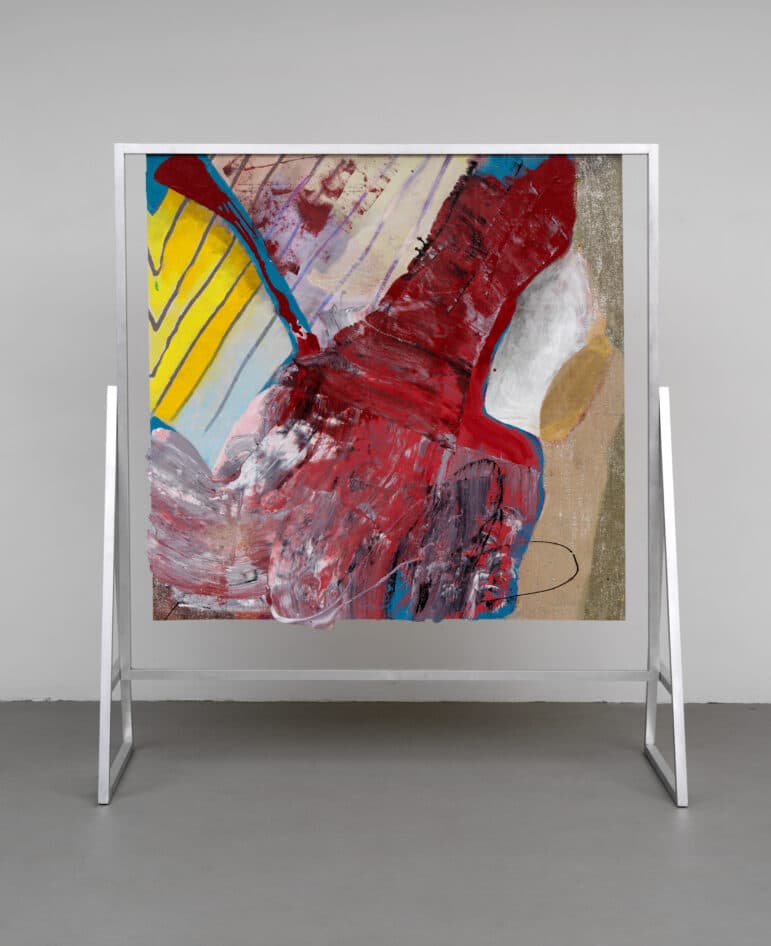 Gestural abstract painting suspended from free-standing aluminum frame