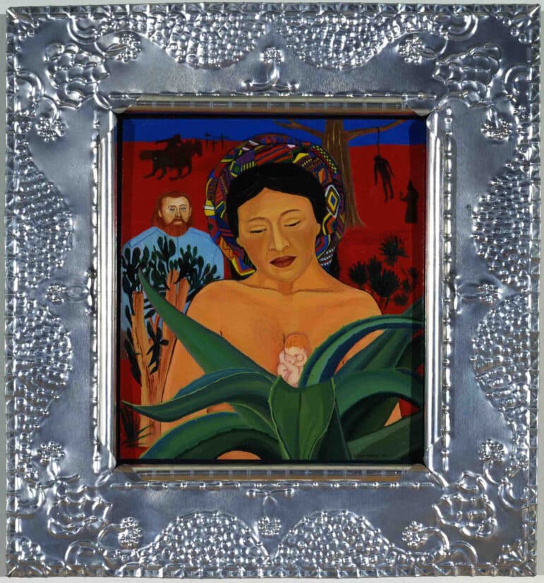 A dark-haired woman wearing a multicolored head scarf stands behind a maguey plant against a bloodred background. A red-haired man in a pale blue shirt stands behind her surrounded by cacti.
