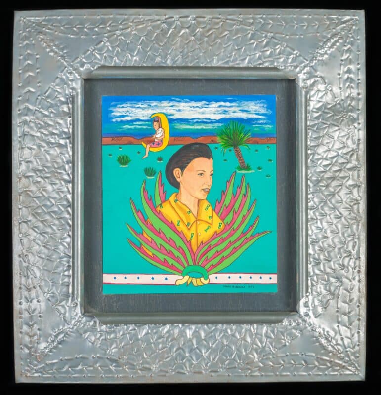 A woman with short dark hair wearing a yellow shirt emerges from a maguey plant against a turquoise background. A moon deity holding a rabbit is in front of the dark blue, cloud-filled sky behind her.