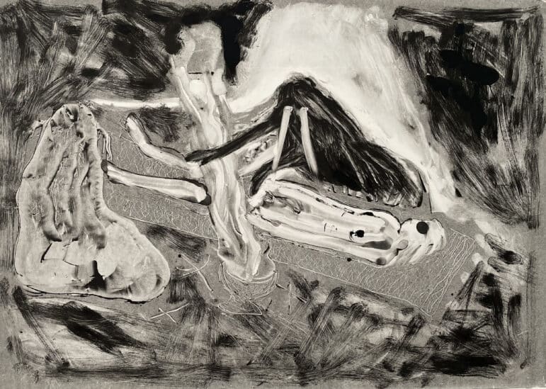 Two seated figures attend to a third prostrate figure while steam emits from a vessel in the foreground. The composition is entirely black-and-white, and the texture is brushy and gestural.