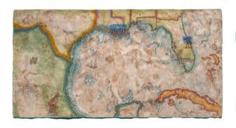 Large hand-painted map of the Gulf of Mexico on amate paper. Rendered in muted earth tones, blues, and greens, the work layers coastlines, rivers, ships, animals, Indigenous and colonial imagery, environmental references, and scenes of resistance across the Gulf region. “Gulf of Mexico” appears in gold at the center. Historical and contemporary events unfold simultaneously, creating a visual narrative of colonialism, migration, ecology, and cultural resilience.
