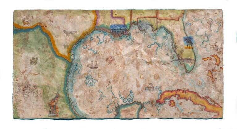 Large hand-painted map of the Gulf of Mexico on amate paper. Rendered in muted earth tones, blues, and greens, the work layers coastlines, rivers, ships, animals, Indigenous and colonial imagery, environmental references, and scenes of resistance across the Gulf region. “Gulf of Mexico” appears in gold at the center. Historical and contemporary events unfold simultaneously, creating a visual narrative of colonialism, migration, ecology, and cultural resilience.