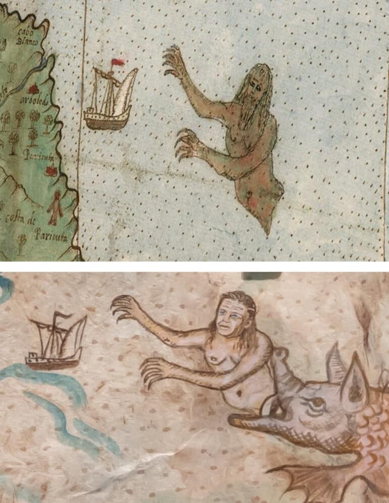 Comparison of two related figures. Above: detail from Urbano Monte’s 1587 world map showing a long-haired sea monster with outstretched claws emerging from the ocean beside a sailing ship. Below: Sandy Rodriguez’s reinterpretation of the figure in “Resistance Map of the Gulf of Mexico” (2025), depicting Florida Governor Ron DeSantis with blue eyes and clawed hands emerging from the mouth of a fantastical sea creature beside a ship, adapting historical cartographic imagery for contemporary political commentary.