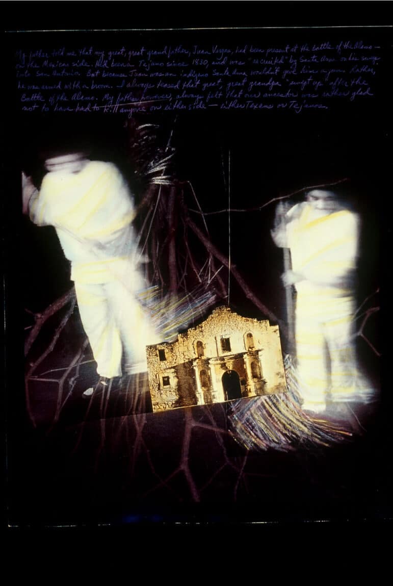 Two blurry male figures in plain white clothing sweep with rustic brooms. A small colored image of the Alamo Mission hovers diagonally between them, with a mix of print and cursive handwriting above.