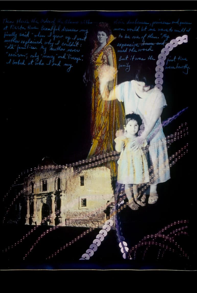 A multiple exposure including a photograph of a woman and young girl, an old illustration of a woman in a canary-yellow gown, and the limestone façade of the Alamo. Strings of sequins and pearls cross the photo, while handwritten text fills the dark space at the top of the composition.